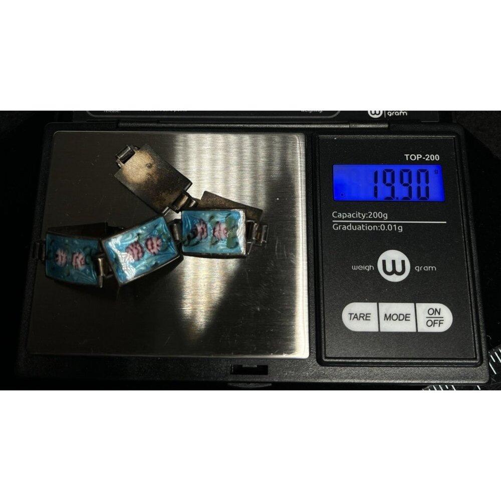 Vintage Sterling Silver Guilloche Panel Link Bracelet 19.9g Pink Roses 6.5" - Picture 13 of 13